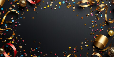 Wall Mural - a border of golden streamers and colorful confetti surrounding a black background, perfect for new y