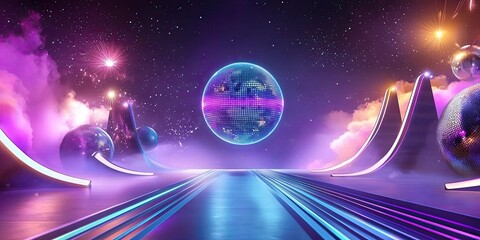 Wall Mural - a retro-themed new year invitation with disco ball, neon lights, and bold fonts. fun, party vibe for