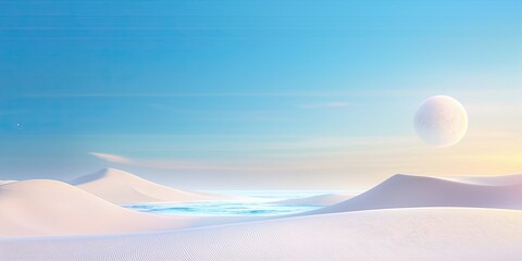Wall Mural - a sandy 2025 beach with dunes in the foreground, soft waves in the distance, and a clear, cloudless 