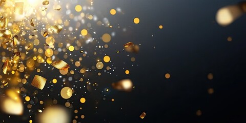 Wall Mural - bright happy new year greeting with sparkling gold confetti and bold, elegant text against a black b