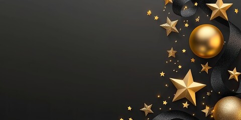 Wall Mural - elegant black and gold with stars and confetti, ideal for upscale holiday designs.