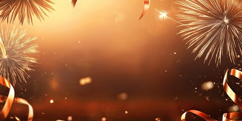 Wall Mural - Fireworks in rich golds and reds framing a night sky, with festive streamers for a celebratory New Year's Eve border.