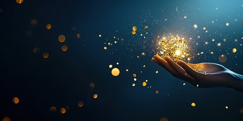 Wall Mural - golden confetti with sparkles on a black and dark blue gradient background for an elegant new year's