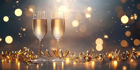 Wall Mural - new year's eve party background featuring champagne glasses, streamers, and golden lights illuminati