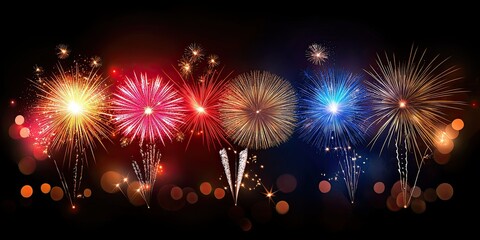 Wall Mural - soft-focus fireworks in red, gold, and blue framing the borders of a dark sky, ideal for festive des