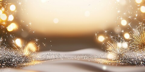 Wall Mural - sparkling golden fireworks along the top and sides, with silver confetti creating a celebratory bord