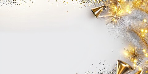 Wall Mural - sparkling golden fireworks along the top and sides, with silver confetti creating a celebratory bord