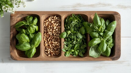 Wall Mural - A wooden serving tray with four compartments, filled with fresh basil leaves, pine nuts and chopped basil.