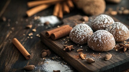 Cinnamon-sugar-coated paczki, isolated on a dark wooden board, surrounded by cinnamon sticks, powdered sugar, and a dusting of nutmeg