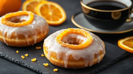 Glazed paczki topped with candied orange peel, isolated on a dark slate background, with a side of orange slices, gold accents, and a cup of black coffee