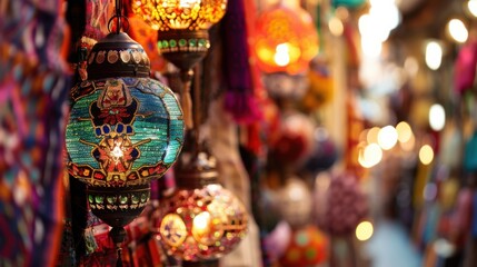 Aufkleber - A lively view of the Grand Bazaar in Istanbul with colorful textiles and intricate lanterns hanging from the ceiling, bustling setting with rich textures and hues, Market style