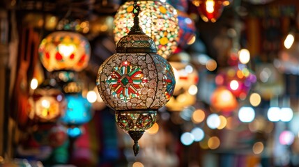 Aufkleber - A lively view of the Grand Bazaar in Istanbul with colorful textiles and intricate lanterns hanging from the ceiling, bustling setting with rich textures and hues, Market style