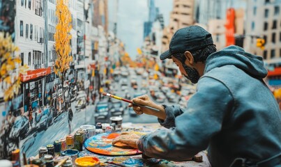 A painter creating a city scene with acrylics.