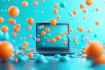 Leinwandbilder - A vibrant laptop surrounded by floating blue and orange spheres, illustrating a dynamic digital environment.