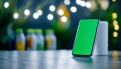 Aufkleber - A smartphone with a green screen stands on a table, surrounded by blurred bottles and twinkling lights in the background.