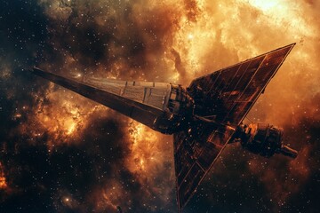 A spacecraft deploying solar sails to travel through deep space, harnessing energy from distant stars.