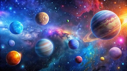 Wall Mural - A stunning panoramic view of colorful planets, stars, and galaxies in outer space, space exploration, astronomy, universe