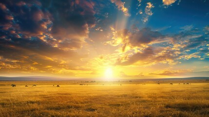 Poster - A panoramic view of a vast savannah with grazing wildlife and a dramatic sunset sky, expansive setting with vibrant natural colors, Safari style
