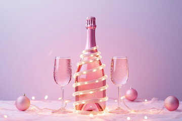 A bottle of champagne wrapped in a glowing garland like a Christmas tree with two glasses, New Year, Merry Christmas concept, Valentines day, birthday, winter wedding celebration greeting card.