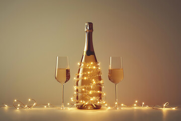 A bottle of champagne wrapped in a glowing garland like a Christmas tree with two glasses, New Year, Merry Christmas concept, Valentines day, birthday, winter wedding celebration greeting card.