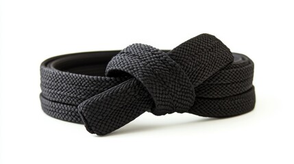 A martial arts black belt tied into a neat knot, isolated on a white background