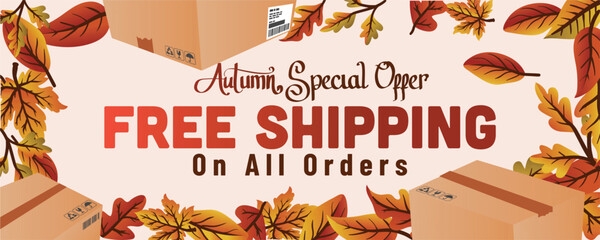Wall Mural - autumn leaves and shipping package. autumn special offer free shipping on all order web banner template vector illustration.