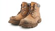 © Srisa - A pair of steel-toe construction boots with mud on the soles, isolated on a white background