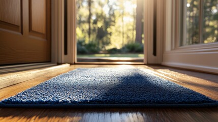 A blue doormat welcomes guests into a sunlit home, offering a clean and inviting entrance. The soft carpet contrasts with the warm hardwood floor, creating a comforting atmosphere.  Sunlight streams i