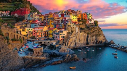 Sunset view of Manarola, Cinque Terre, with the colorful houses glowing in warm hues, set against the dramatic cliffs and sea. No people included.