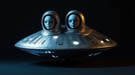 A futuristic spaceship with two doll-like figures, evoking a sci-fi aesthetic.