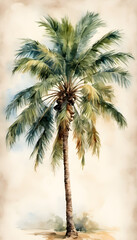 Watercolor painting of a palm tree with lush green fronds against a soft, textured background.