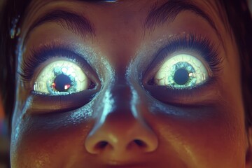 A close-up shot of a woman's face with wide, surprised eyes, showcasing her bright and curious gaze.  The image captures a moment of wonder and anticipation, perfect for concepts of exploration, excit