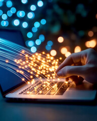 Leinwandbilder - A hand working on a laptop keyboard with glowing light trails, symbolizing digital connectivity and technology in a vibrant, colorful environment.