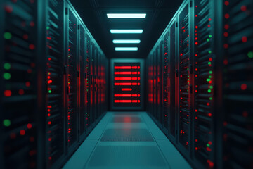 Leinwandbilder - A futuristic data center corridor filled with illuminated server racks, showcasing vibrant red and green lights against a dark background.