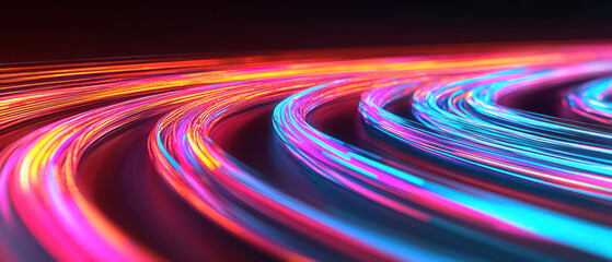 Aufkleber - Vibrant light trails in dynamic motion create a stunning abstract visual with neon colors and smooth curves against a dark background.