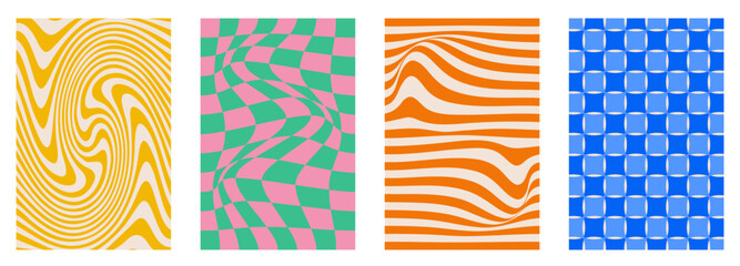 Leinwandbilder - Groovy hippie 70s backgrounds set. Checkerboard, chessboard, mesh, waves, swirl, twirl pattern. Twisted and distorted vector texture in trendy retro psychedelic style.