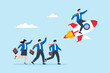 © VZ_Art - Flat illustration of business leader pointing direction riding rocket guiding team success innovation startup boost partnership productivity