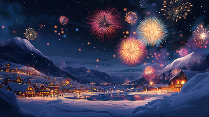 A vibrant cartoon scene of fireworks lighting up the night sky over a snow-covered city, with colorful explosions reflected on the snow 