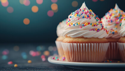 Colorful cupcakes topped with creamy frosting and sprinkles, set against a blurred background with festive confetti.