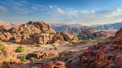 Aufkleber - A picturesque view of the ancient city of Petra with its sandstone cliffs and carved rock temples under a bright blue sky, historic setting with warm earth tones, Archaeological style