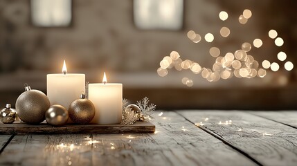 Vintagestyle podium with Christmas candles, traditional ornaments, soft festive lighting, nostalgic look