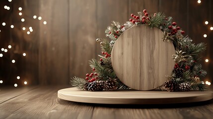 Wooden podium with Christmas pine wreath, traditional red lights, warm winter lighting