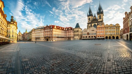 Aufkleber - A picturesque view of the charming streets and historical buildings of Prague with its Gothic architecture and lively city squares, urban setting with warm stone and rich reds, Prague style