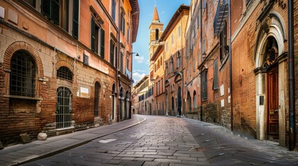 Aufkleber - A picturesque view of the charming streets and medieval architecture of Siena with its historic buildings and quaint alleyways, urban setting with warm browns and muted greens, Siena style