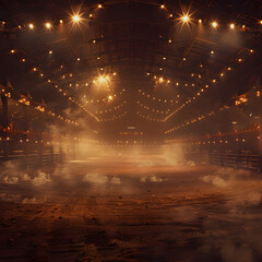 desolate rodeo arena illuminated by bright lights and lingering smoke. concept rodeo arena, bright lights, smoke, desolate setting isolated on white background, flat design, png