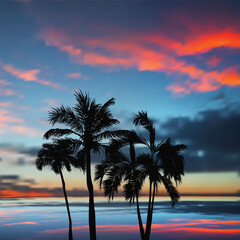 Wall Mural - three palm black trees on sunset background