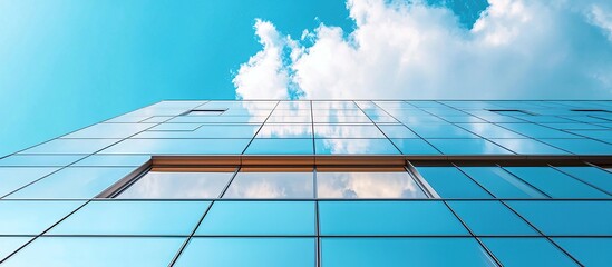 Wall Mural - Low Angle Shot of Glass Facade Reflecting Sky and Clouds. Clouds Reflected in Windows of Modern Office Building. Generate Ai Image