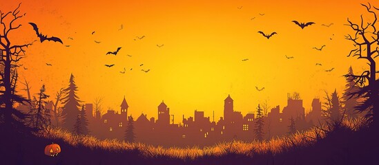 Silhouettes of a Halloween Town at Sunset. Scary Halloween Isolated Background