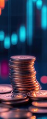 Business coins stacked with a holographic growth chart behind Bluetoned lighting, depth of field for sharpness on coins Lowangle, clean and modern style