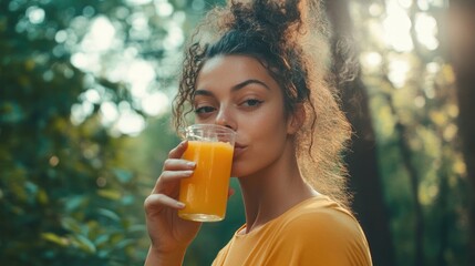 Wall Mural - Sporty woman holding orange juice, whispering something secretive while outdoors